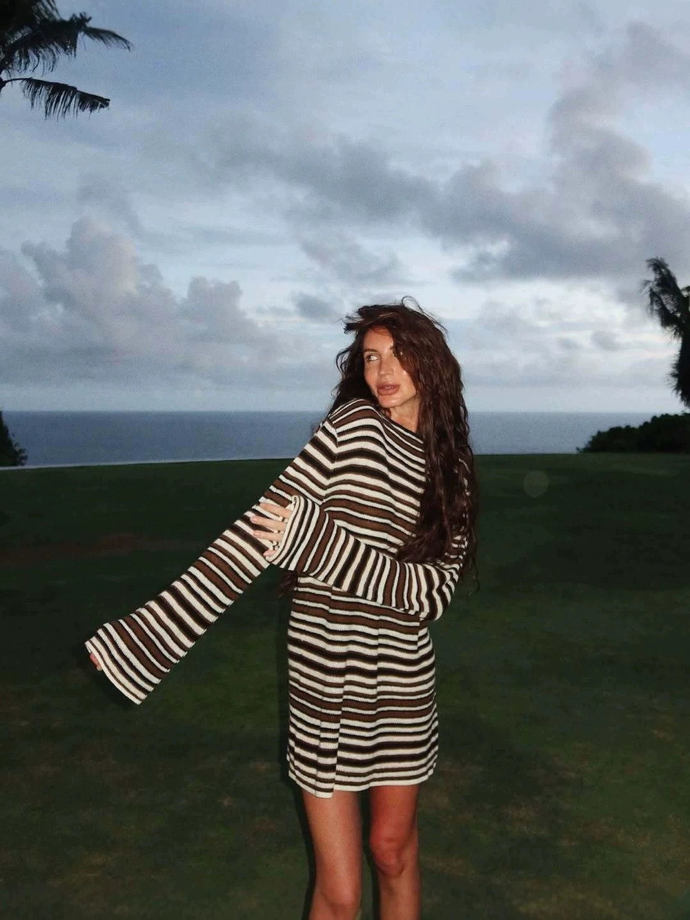 ZARA Summer Sexy Casual Knit Striped Backless Long Sleeve Loose Dress